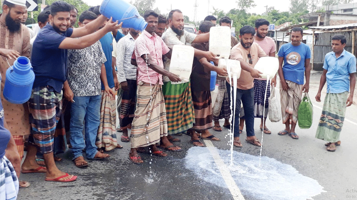 ন্যায্যমূল্য না পেয়ে সড়কে দুধ ঢেলে প্রতিবাদ