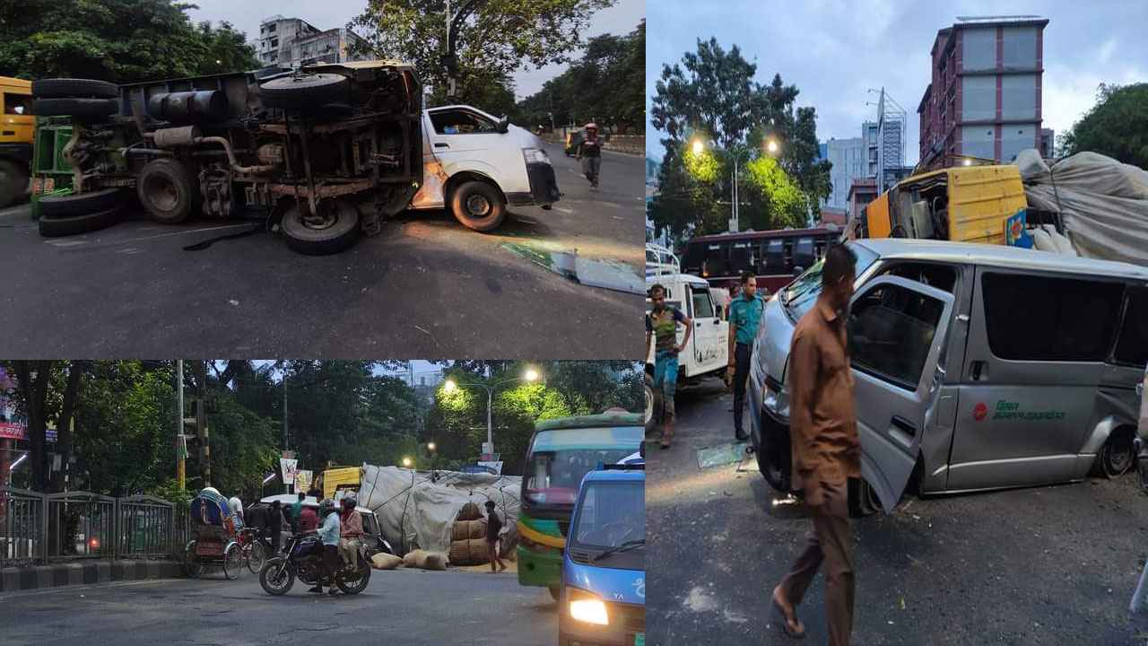 ধানমন্ডিতে মালবোঝাই ট্রাক উল্টে দুমড়েমুচড়ে গেল মাইক্রোবাস