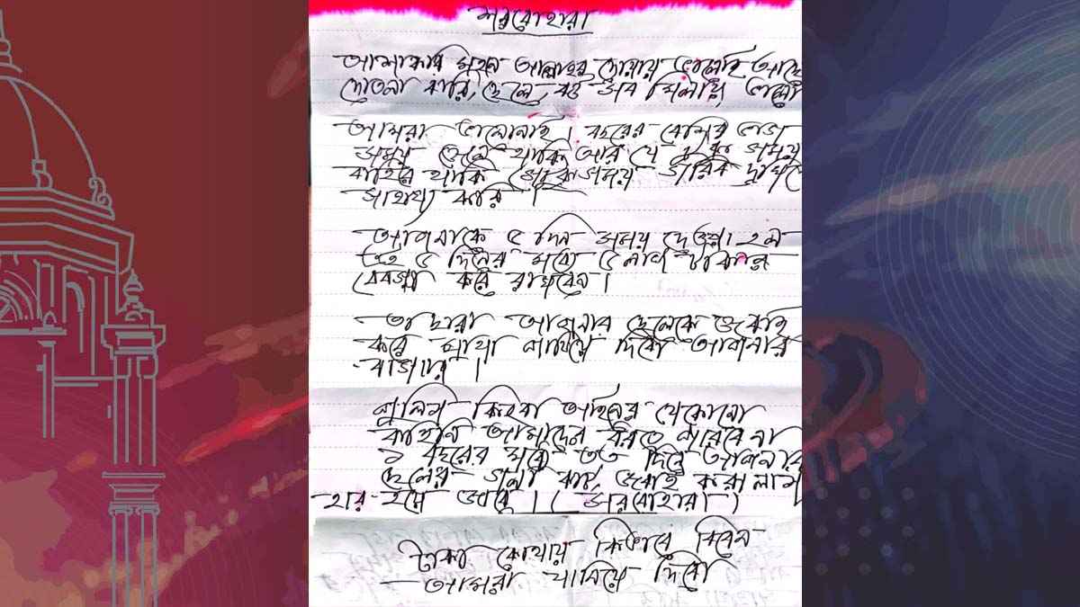 ১৫ লাখ টাকা দাবি করে তিন ব্যক্তিকে চিঠি দিল সর্বহারা
