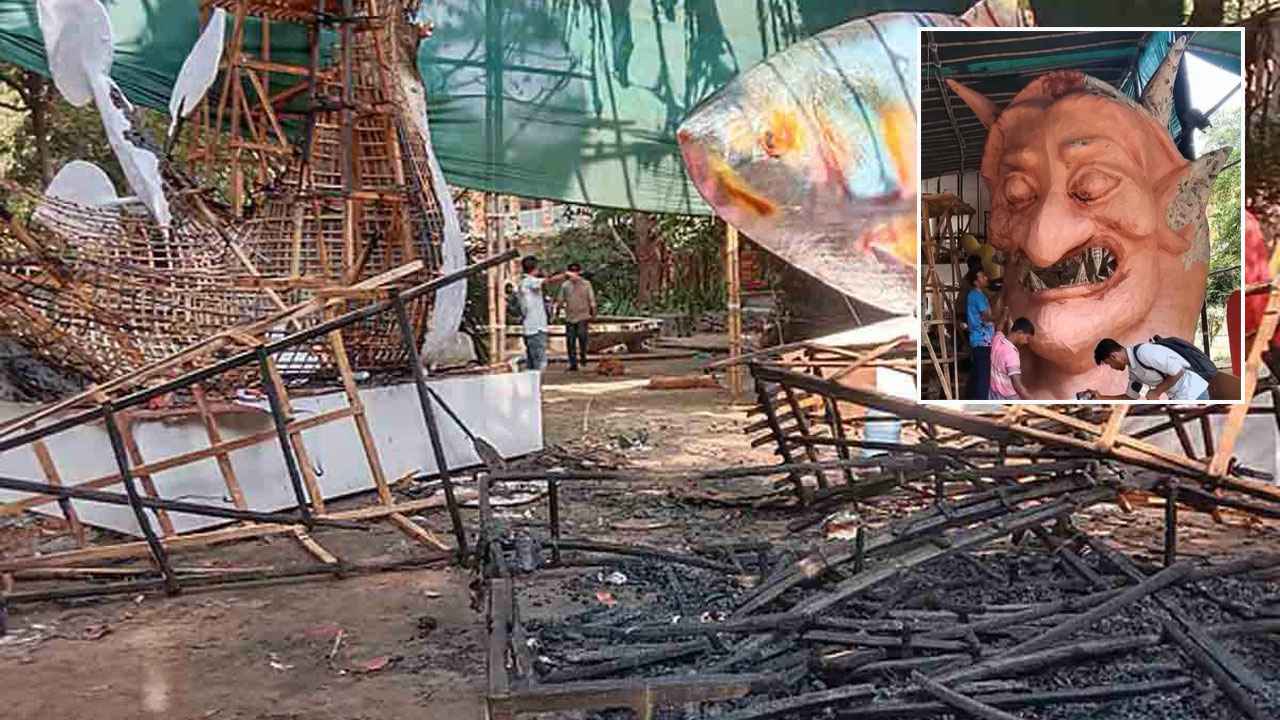 আনন্দ শোভাযাত্রার জন্য বানানো হাসিনার মোটিফে আগুন