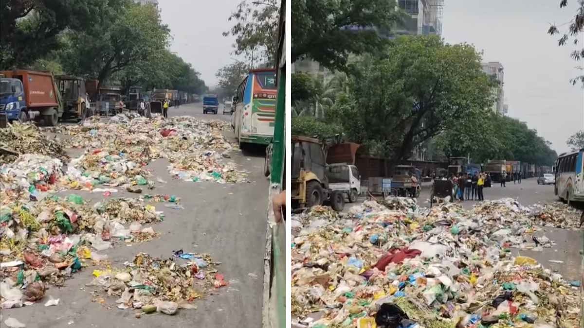নতুন বাজার সড়কে ময়লা ফেলেছেন পরিচ্ছন্নতাকর্মীরা, তীব্র যানজট