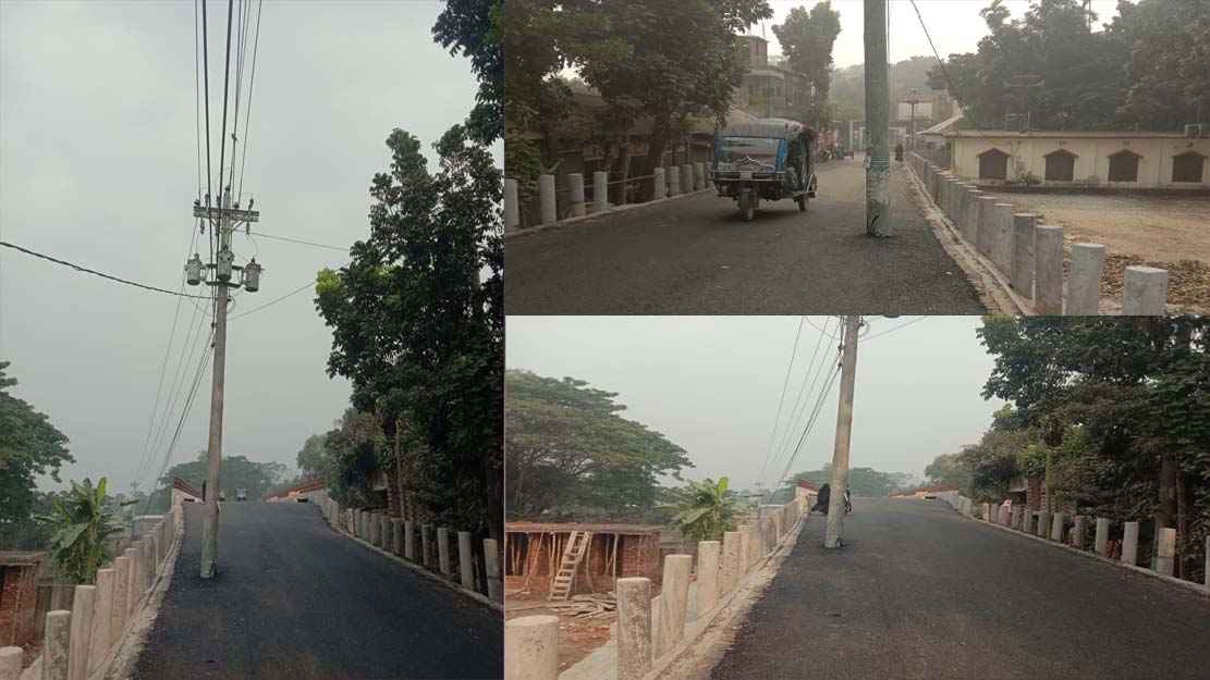 ফরিদপুরে সড়কের মাঝে খুঁটি রেখেই কার্পেটিং, দুর্ঘটনার শঙ্কা