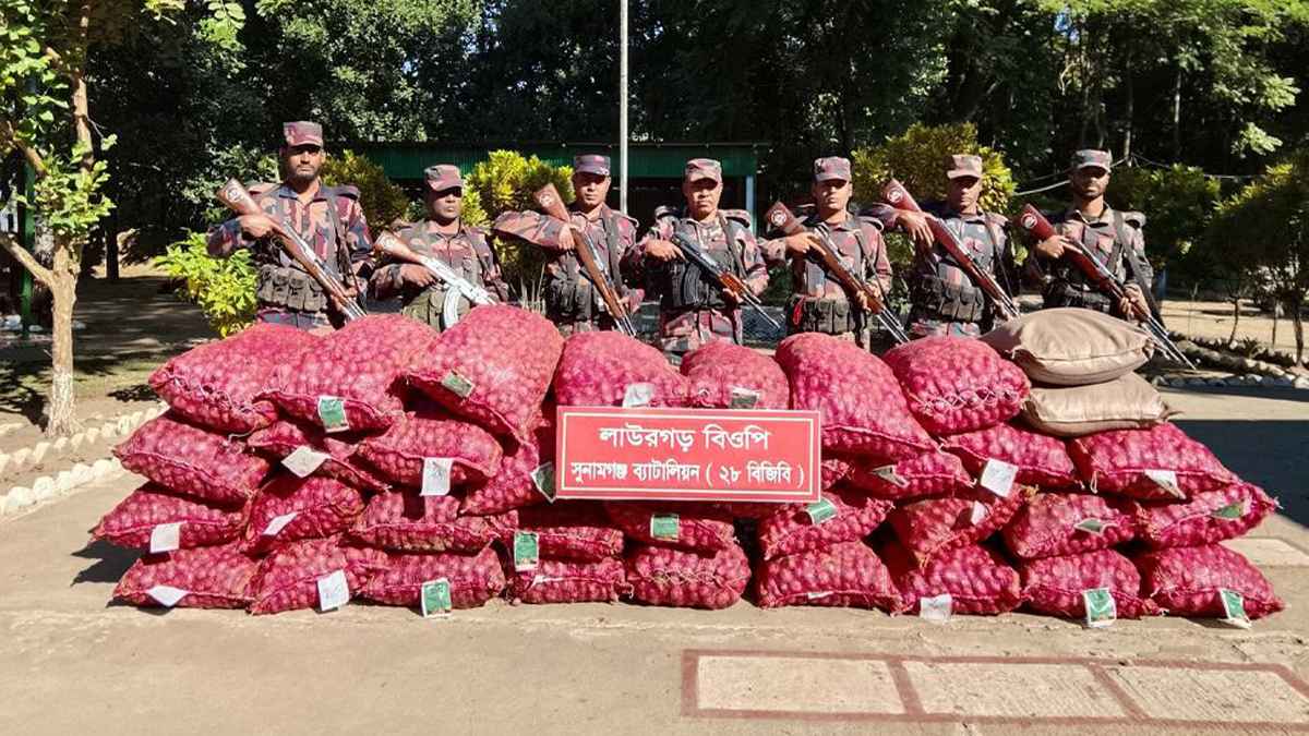 সুনামগঞ্জে বিজিবির অভিযানে ভারতীয় পেঁয়াজ-চিনি জব্দ