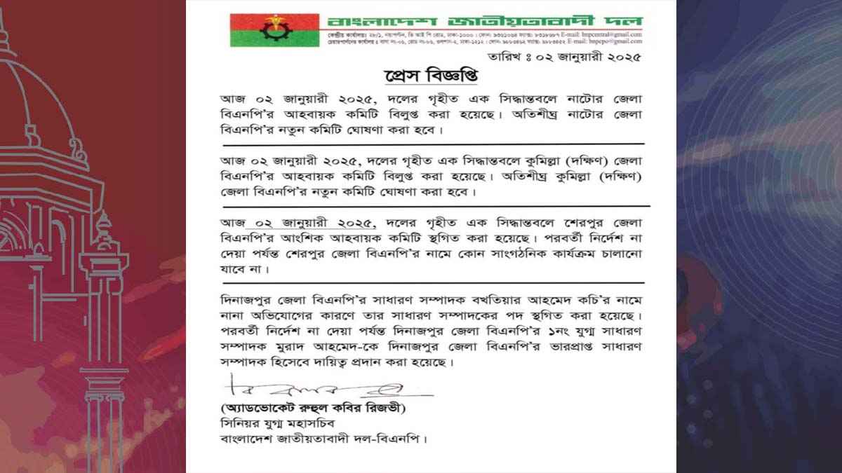 শেরপুর জেলা বিএনপির আহ্বায়ক কমিটি স্থগিত