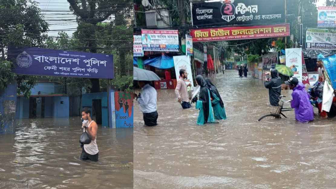 টানা ভারীবৃষ্টিতে ৪ ফুট পানির নিচে ফেনী শহরের প্রধান সড়ক!