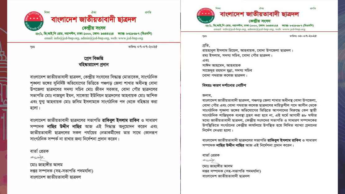 চার ছাত্রদল নেতাকে বহিষ্কারের প্রতিবাদ করায় চার নেতাকে শোকজ