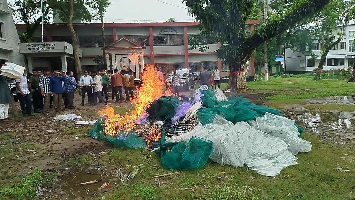 মোহনগঞ্জে নিষিদ্ধ জালের গুদামে অভিযান, বিপুল পরিমাণ জাল ধ্বংস