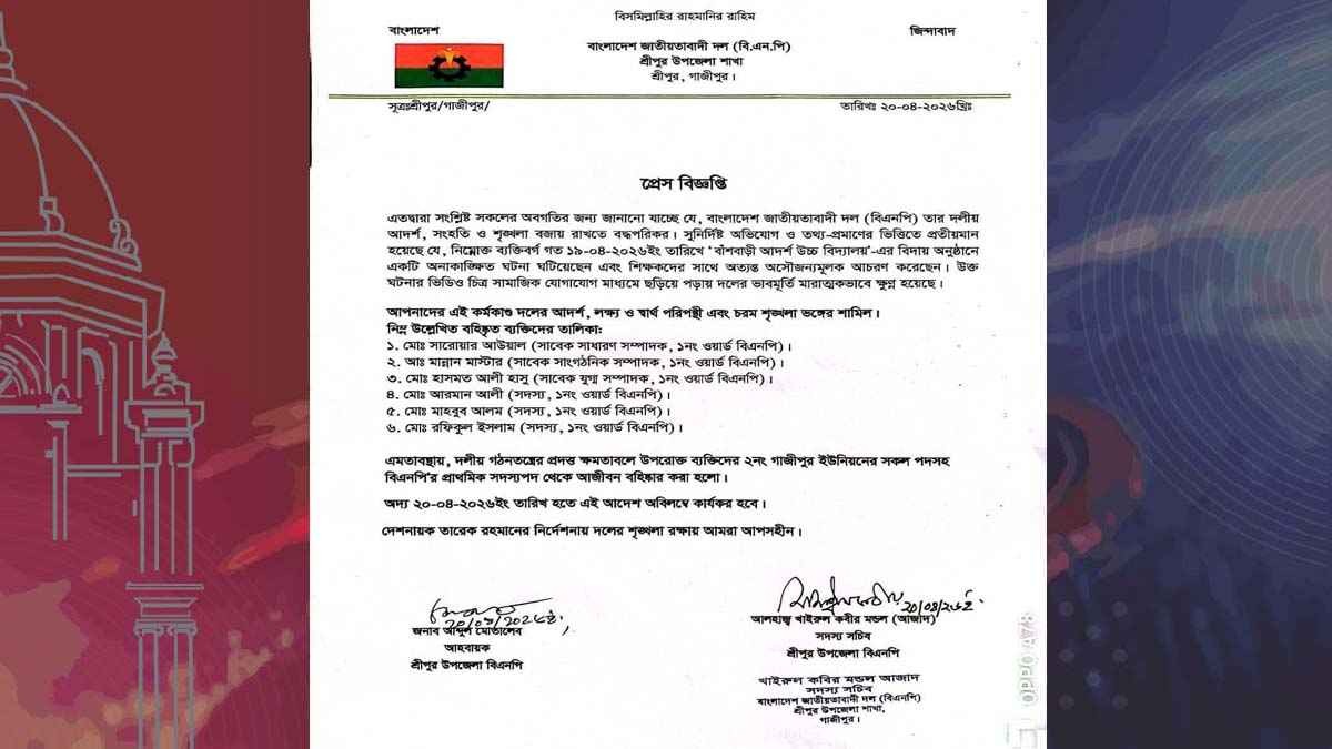 গাজীপুরে বিদায় অনুষ্ঠানে বিদ্যালয় কক্ষে তালা, অভিযুক্ত ৬ বিএনপি নেতা