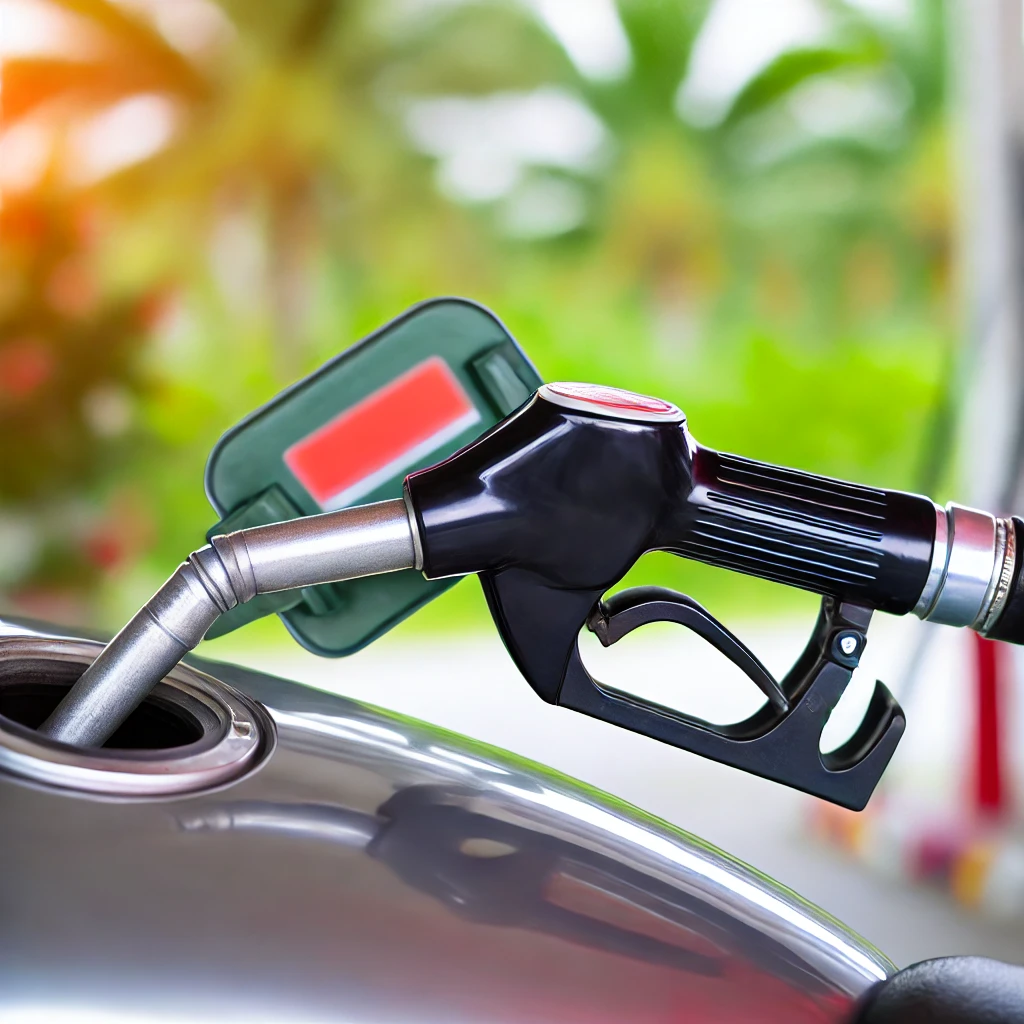 DALL·E-2024-09-23-13.25.35-A-realistic-close-up-image-of-a-motorcycle-fuel-tank-being-filled-with-gasoline-at-a-gas-station.-The-fuel-nozzle-is-inserted-into-the-tank-with-the-