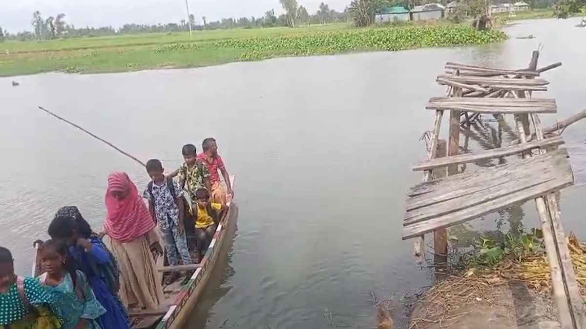 ভেঙে গেছে কাঠের ব্রিজ: ডিঙি নৌকা দিয়ে নদী পারাপার, দুর্ভোগ