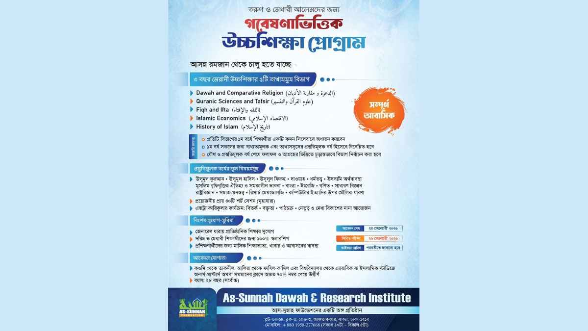 গবেষণাভিত্তিক উচ্চশিক্ষা শুরু করছে আস-সুন্নাহ ফাউন্ডেশন