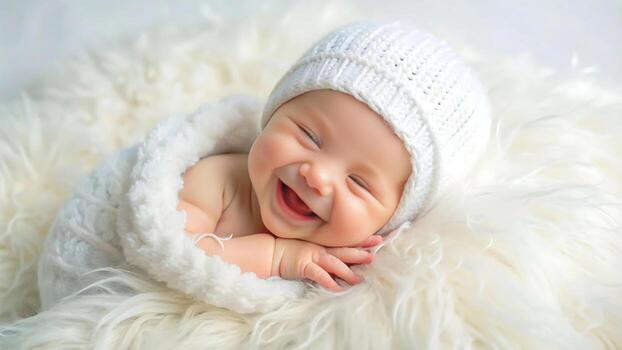 beautiful-newborn-baby-smiling-on-white-cottony-background-photo