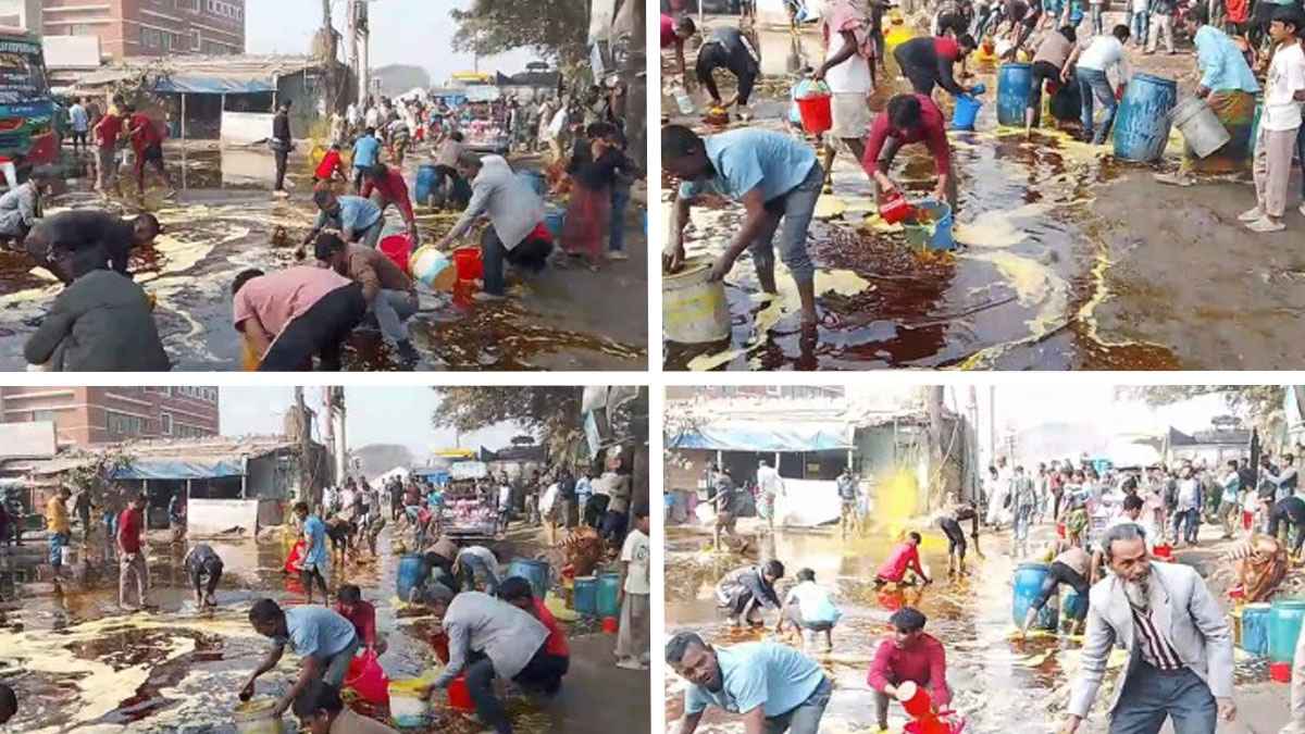 নারায়ণগঞ্জে তেল খালাসের সময় পাইপ ফেটে সড়কে সয়াবিন