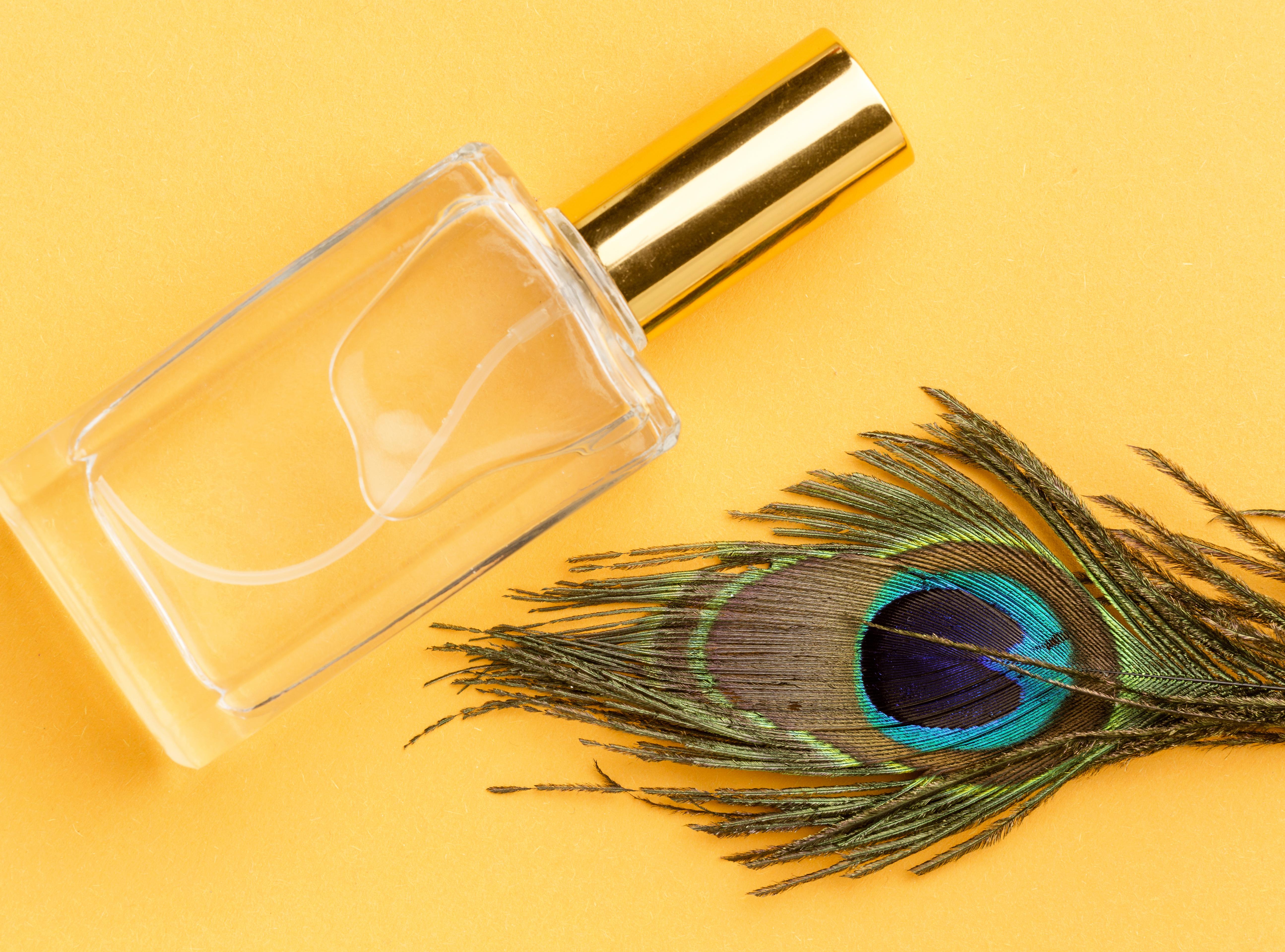 top-view-organic-perfume-with-peacock-feather