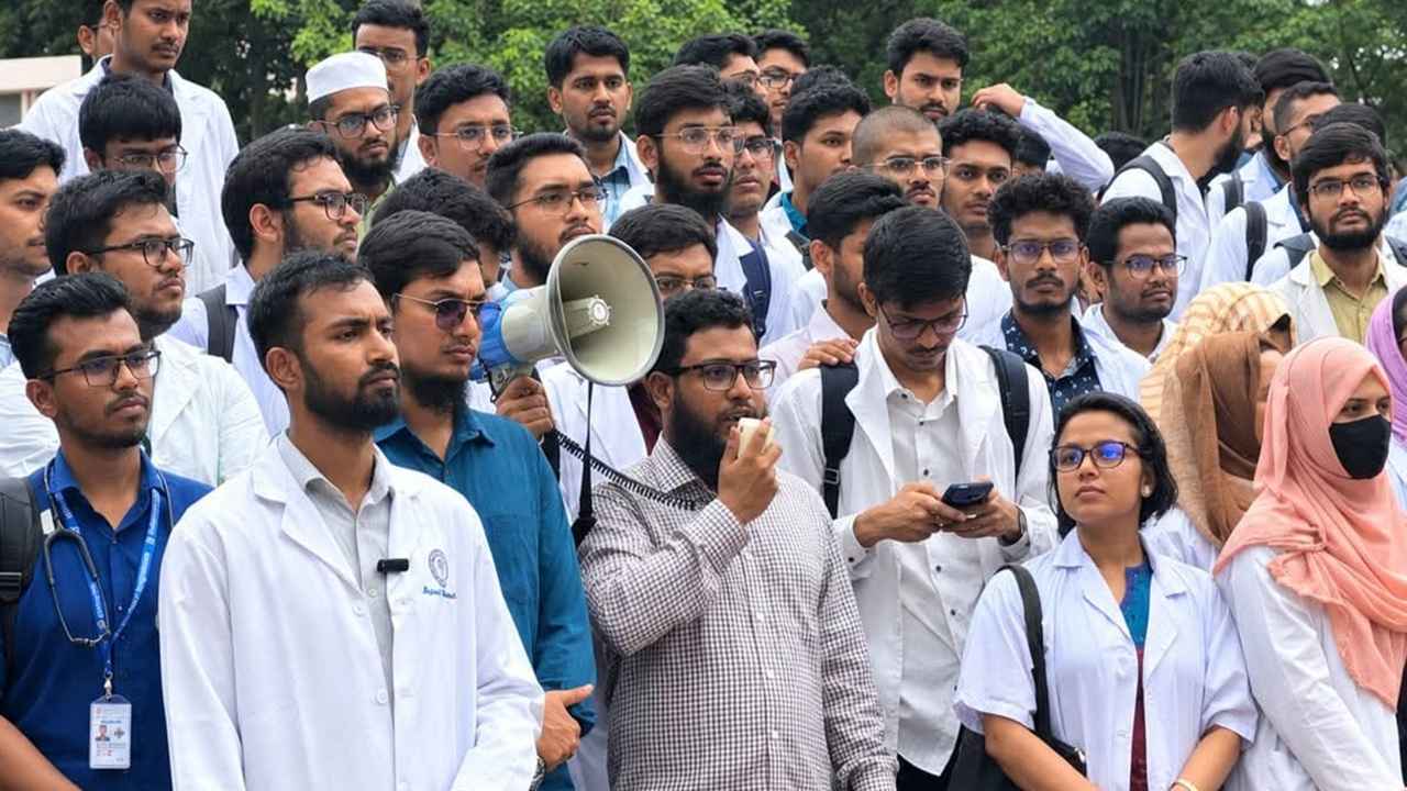 ৬ দাবিতে শহীদ মিনারে চিকিৎসক ও মেডিকেল শিক্ষার্থীদের মানববন্ধন