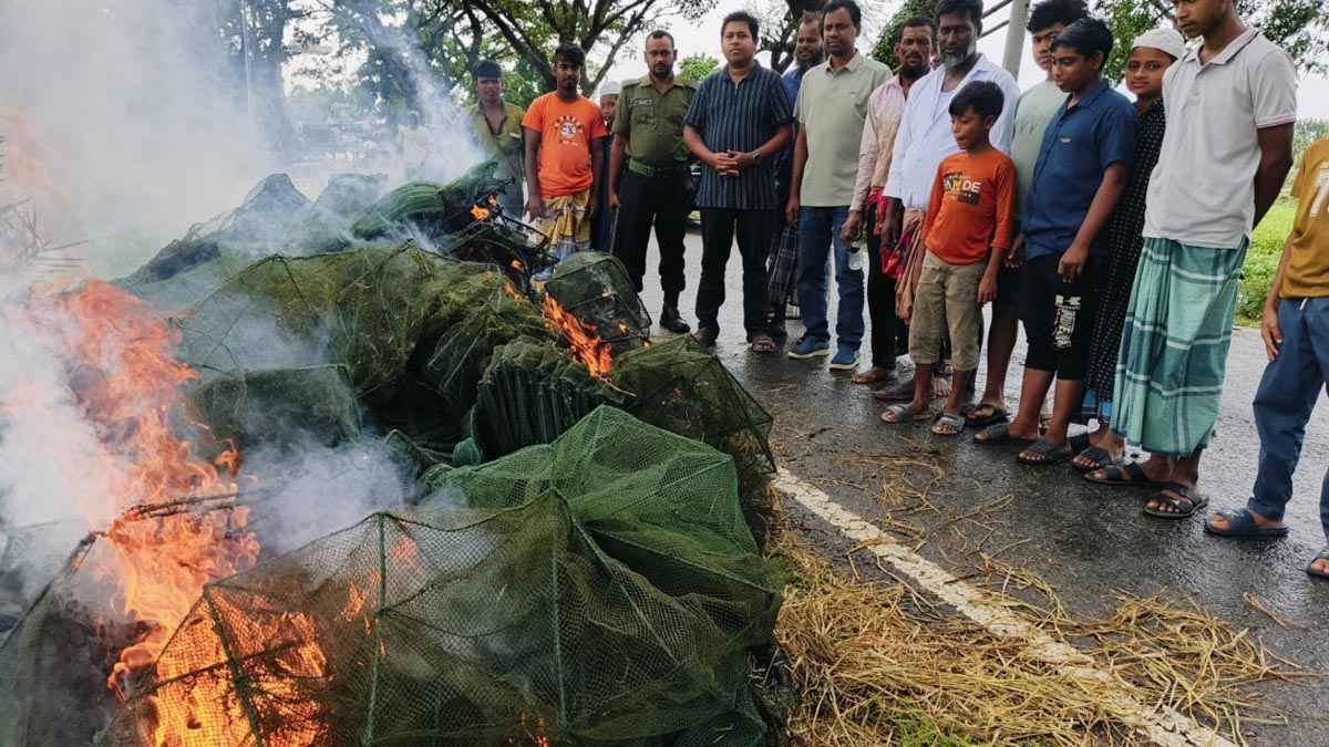 নাটোরে নিষিদ্ধ চায়না দুয়ারি জাল পুড়িয়ে ধ্বংস