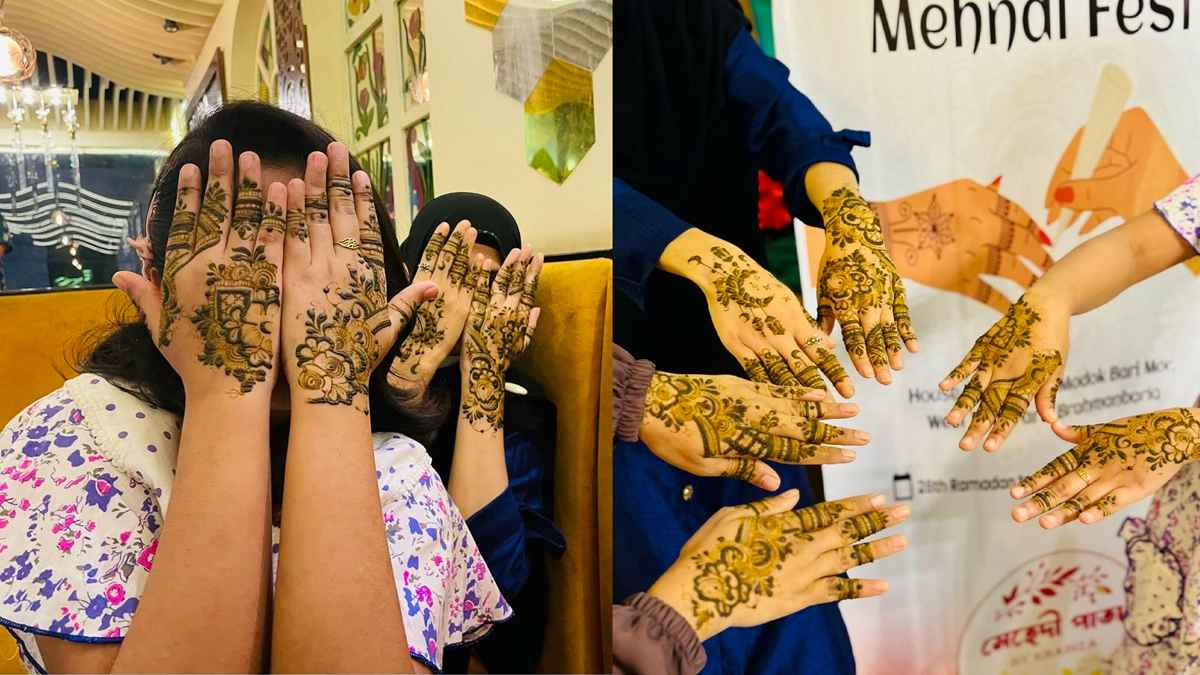 মেহেদির রঙ্গে হাত রাঙাতে ব্যস্ত শিশু, কিশোরী, তরুণীরা