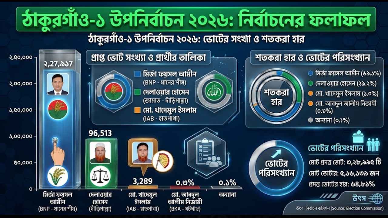 ঠাকুরগাঁও-১ উপনির্বাচনে ভোটের হার ও প্রার্থীদের ব্যবধান কত?