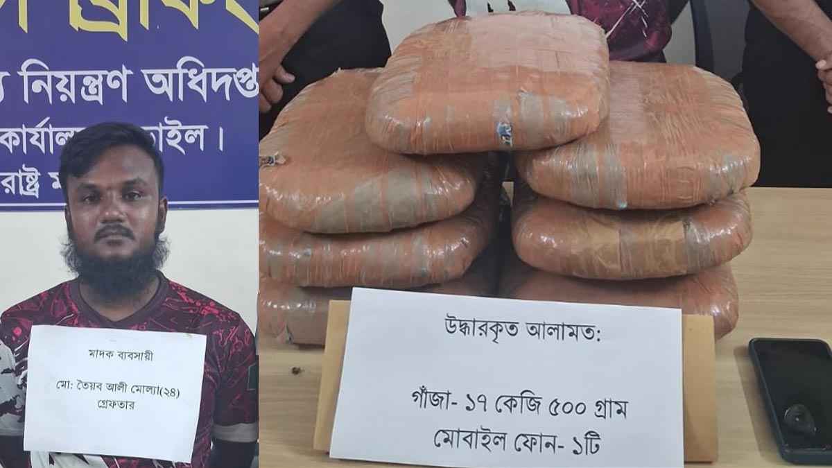 নড়াইলে লাগেজ ব্যাগে মিললো সাড়ে ১৭ কেজি গাঁজা, যুবক গ্রেফতার