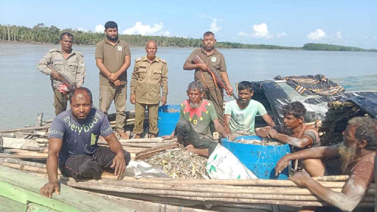 পূর্ব সুন্দরবনের নিষিদ্ধ খালে মাছ ধরায় ৫ জেলে আটক, মাছসহ নৌকা জব্দ